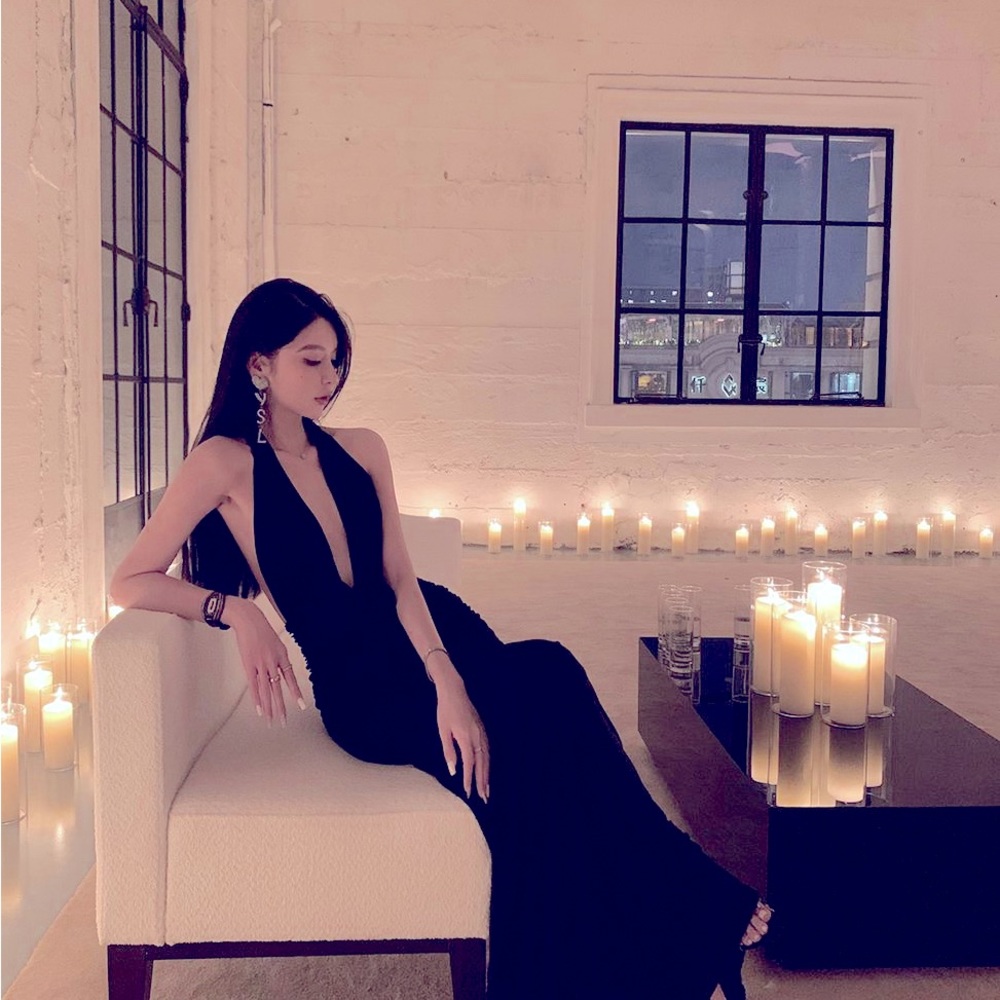 Evening gown backless YSL inspired in a Korean Crystal Hemp fabric.